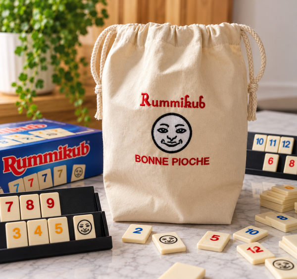 Sac pochon en coton brodé personnalisé – Rangement jeu Rummikub