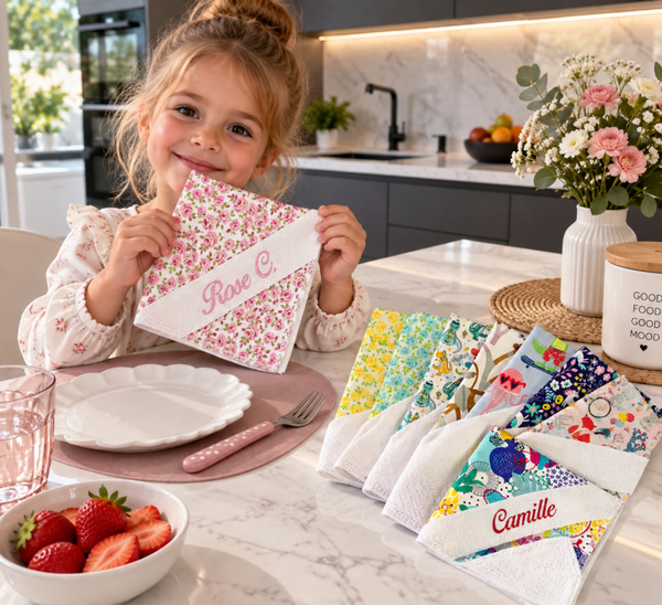 Serviette maternelle personnalisée brodée tissu imprimé et bande Aïda