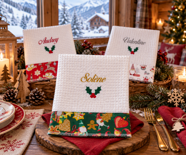 Serviette de table de Noël personnalisée prénom et motif brodés