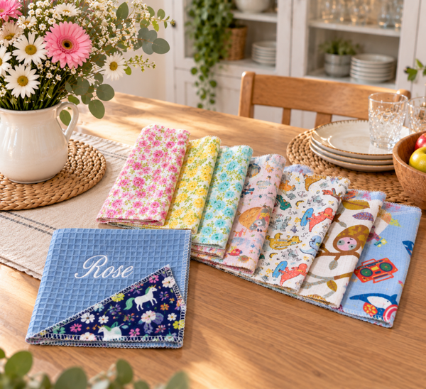 Serviette maternelle personnalisée brodée imprimé et nid d’abeille