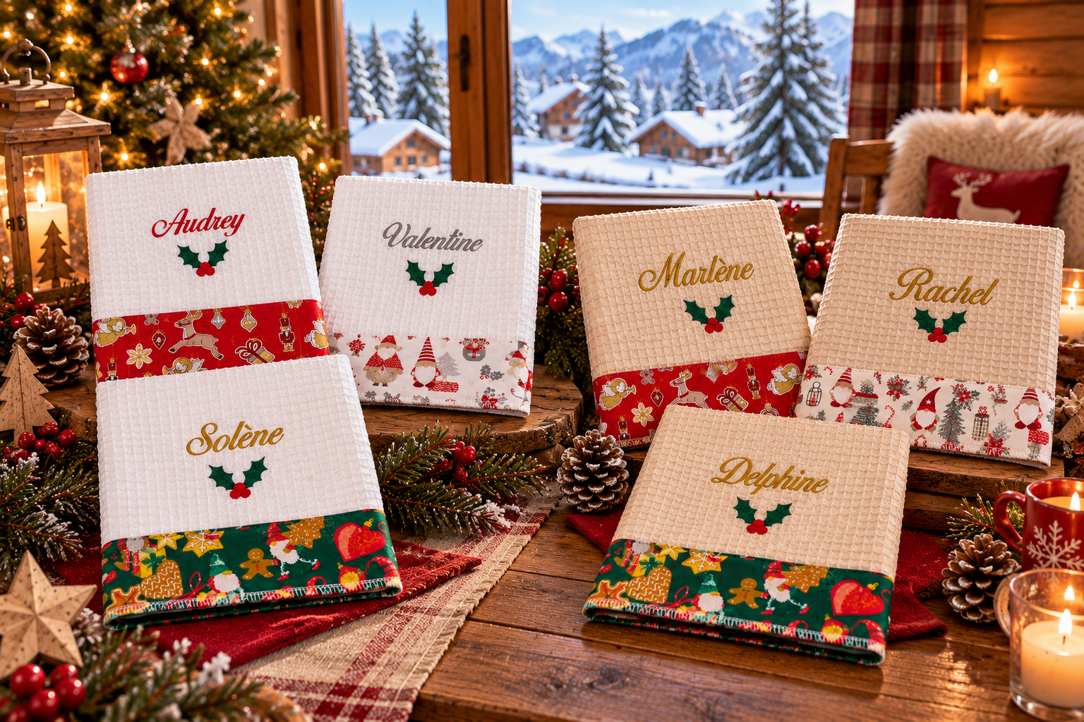 Serviette de table de Noël personnalisée prénom et motif brodés
