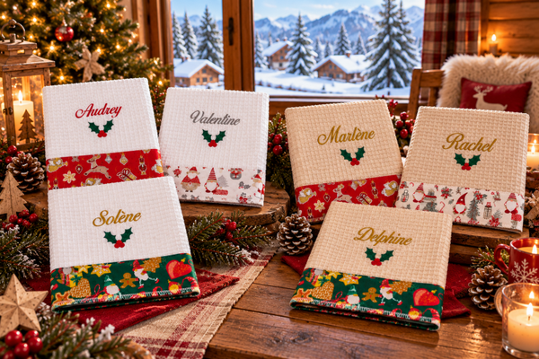 Serviette de table de Noël personnalisée prénom et motif brodés
