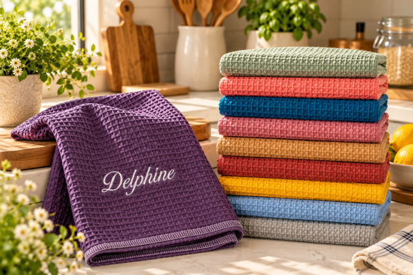 Serviette de table personnalisée brodée – Nid d’abeille & double gaze