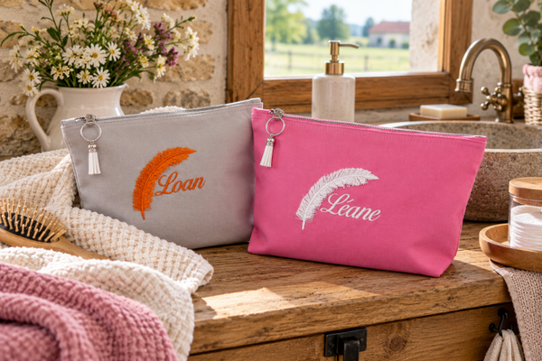 Trousse personnalisée prénom brodé et plume 3D