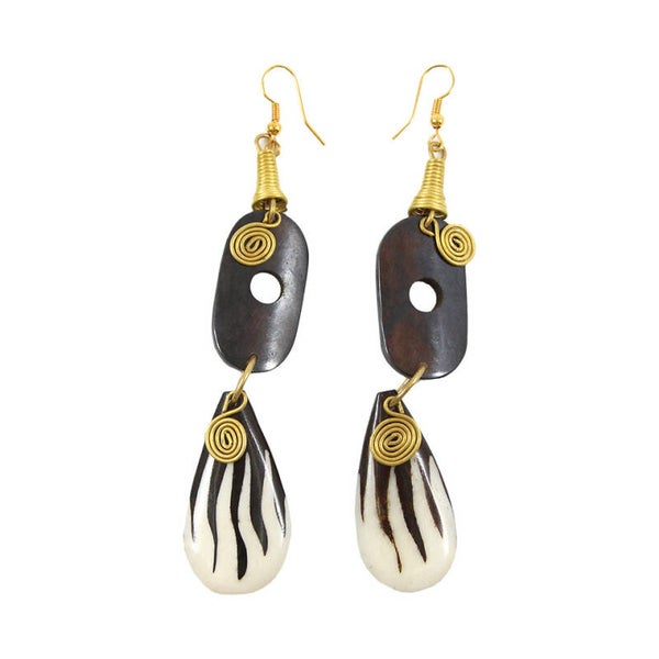 Brass Spiral & Bone Artisan Earrings - Dark Brown & White J-E682