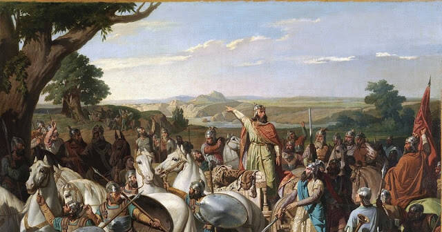 El Rey Don Rodrigo arengando a sus tropas en la batalla del Guadalete. Oleo de Bernardo Blanco y Pérez, 1871. Museo del Prado