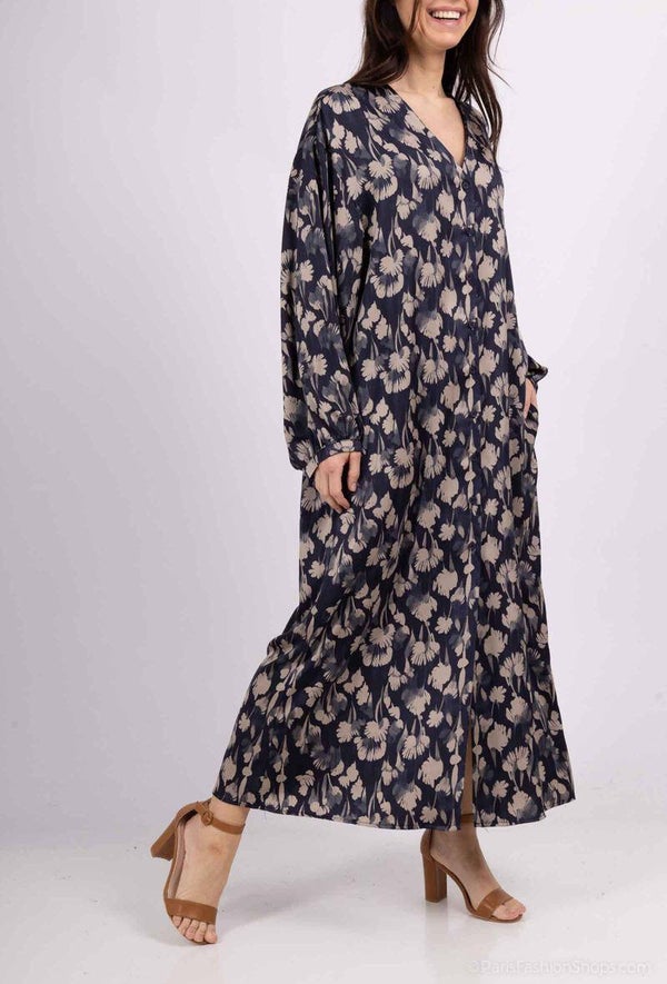 Robe chemise longue imprimée fleurie col V tissu satin