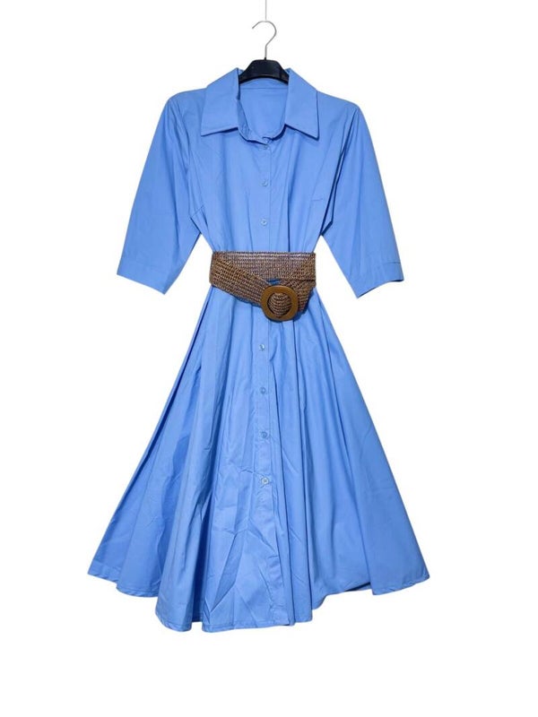 Robe chemisier en pur coton avec large volant, manches trois-quarts