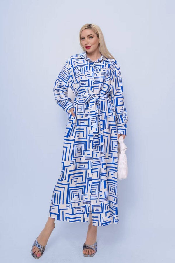 Robe longue avec bouton et ceinture à manches longues