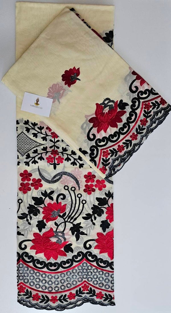 Salouva uni en coton brodé couleur blanc cassé noir rouge