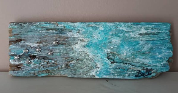 Peinture sur bois flotté "Première vague" 29x10cm