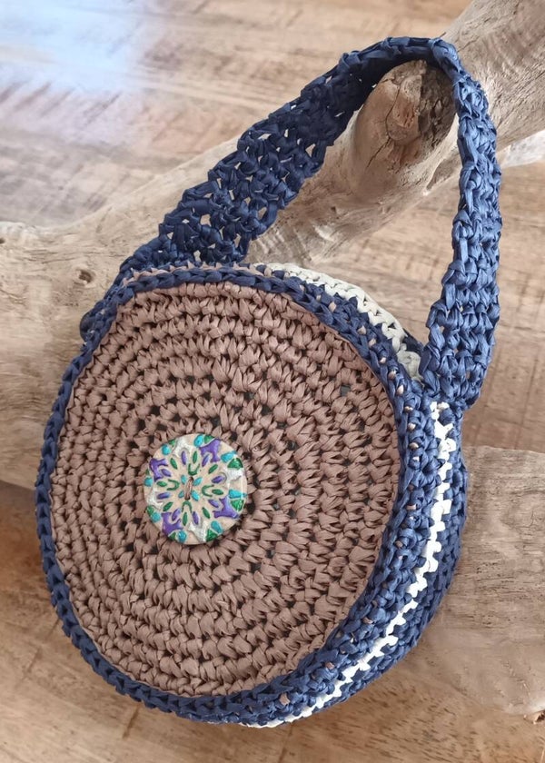 Mini sac "WOOD'IS" taupe et bleu jeans  ¤13,5cm