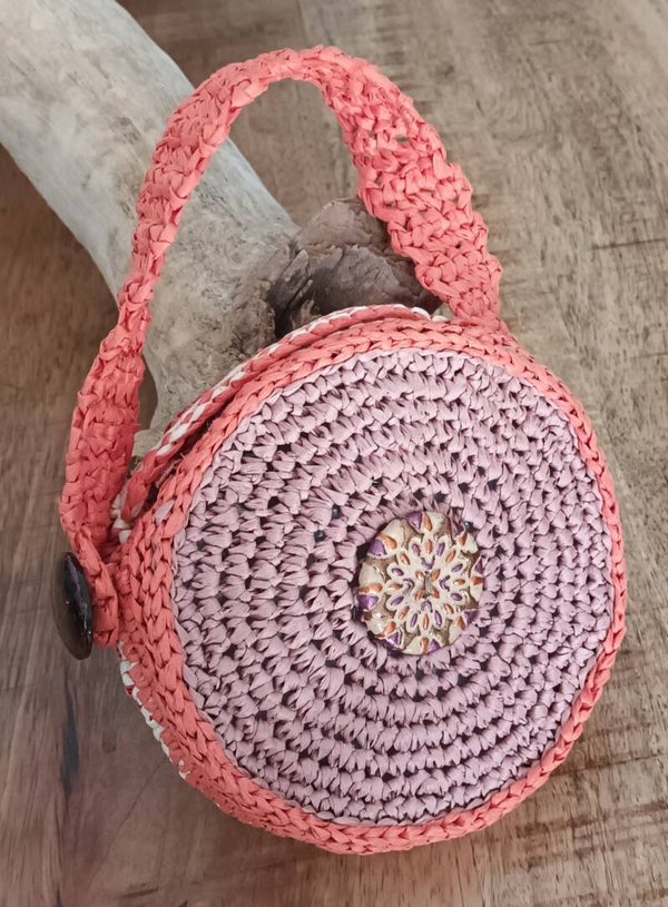 Mini sac "WOOD'IS" vieux rose et mandarine ¤13,5cm