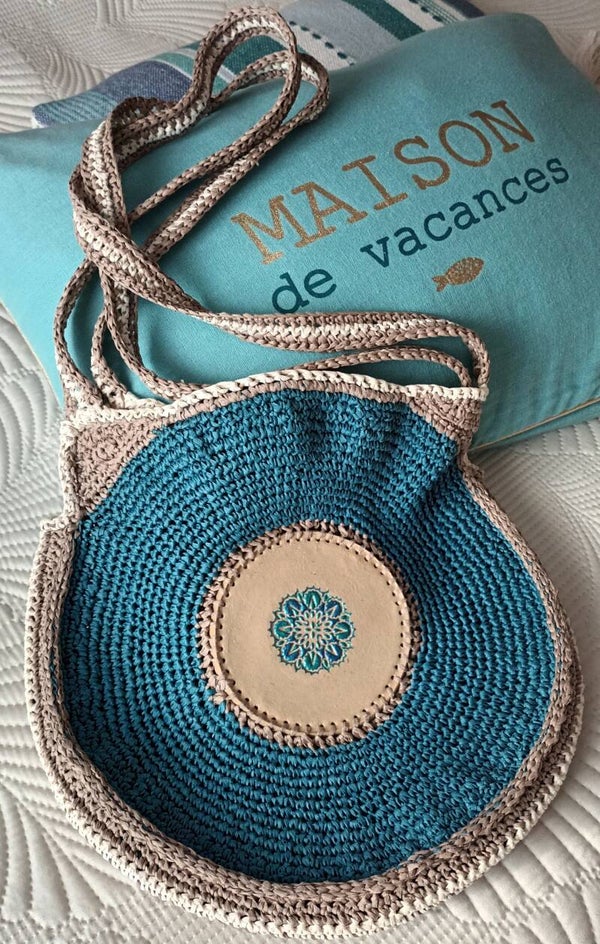 Sac de plage "WOOD'IS" pétrole et taupe ¤35cm