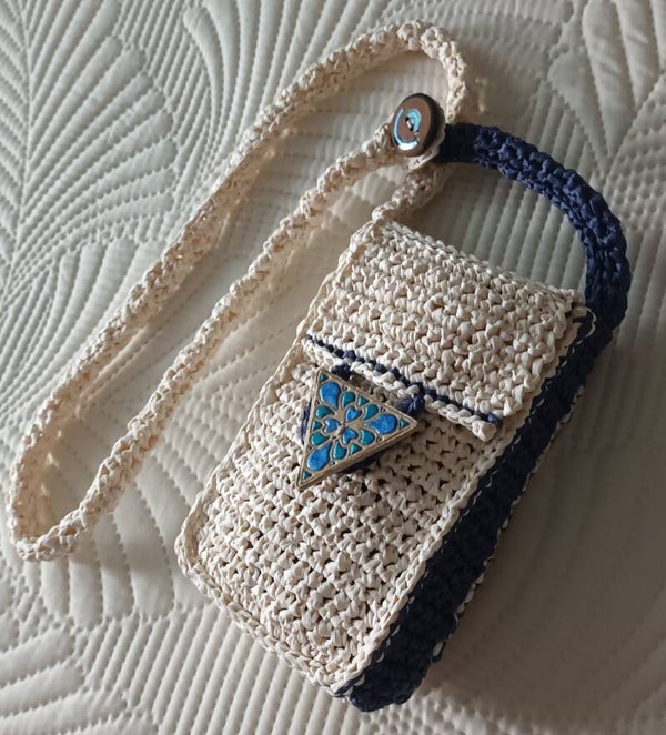 Sac portable "WOOD'IS" écru et bleu jeans 18x11x3,5cm