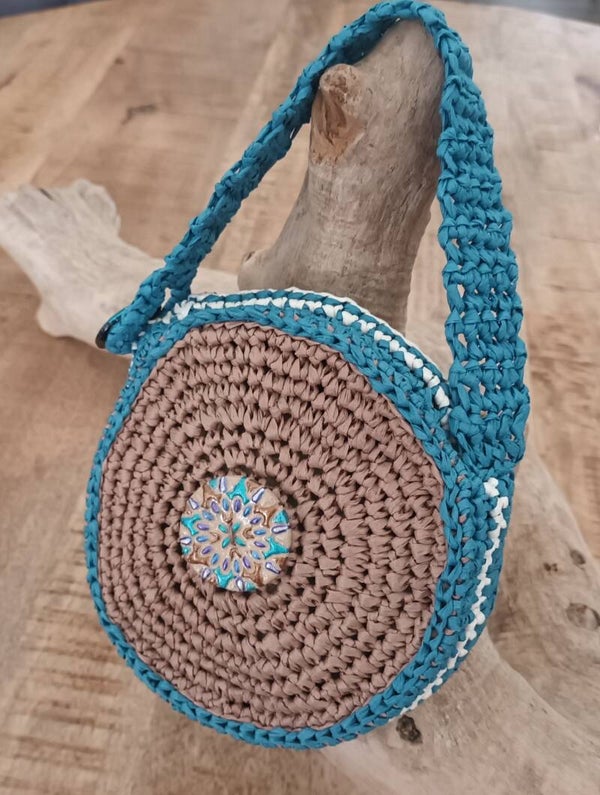 Mini sac " WOOD'IS" taupe et pétrole