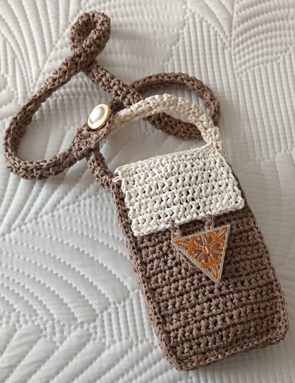 Sac portable "WOOD'IS" taupe et écru 18x11x3,5cm