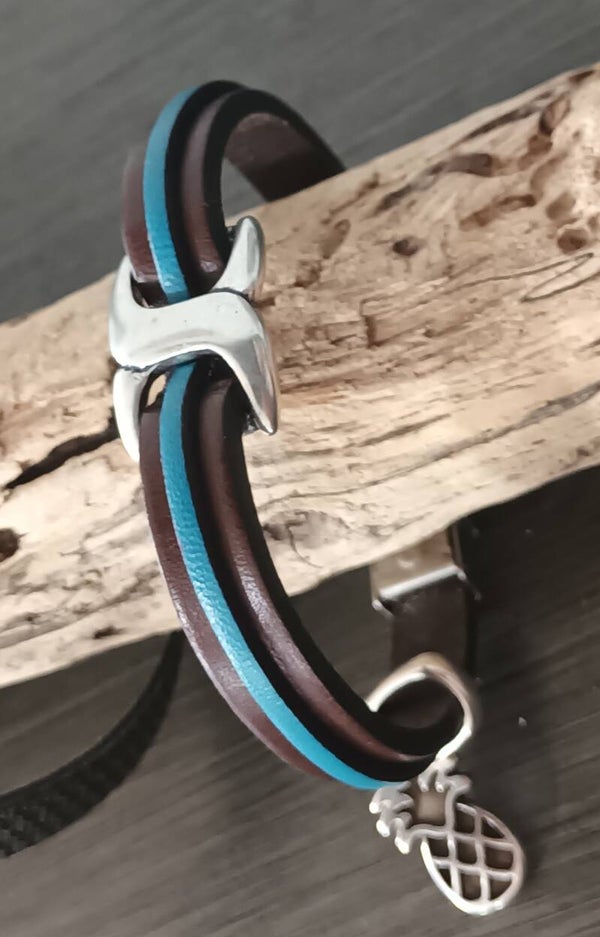 Bracelet cuir veau épais marron foncé et turquoise modèle Ananas