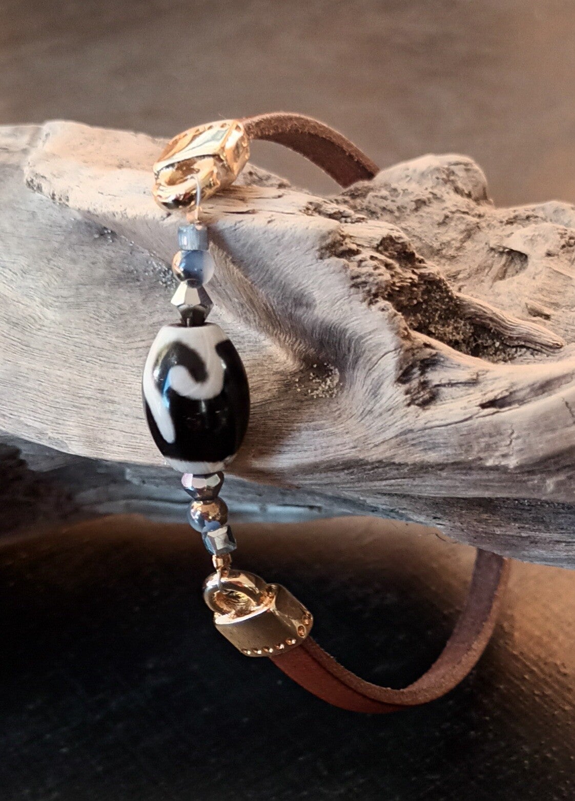 Bracelet cuir Camel - Perle Thibétaine