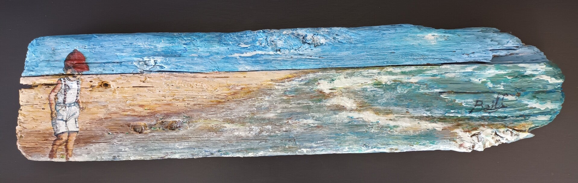 Peinture sur bois flotté "L'insouciance" 42x10cm