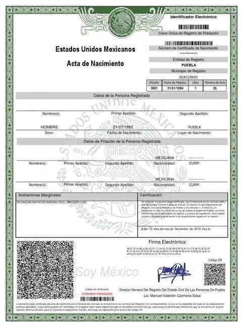 ACTA DE NACIMIENTO ESTADO DE PUEBLA