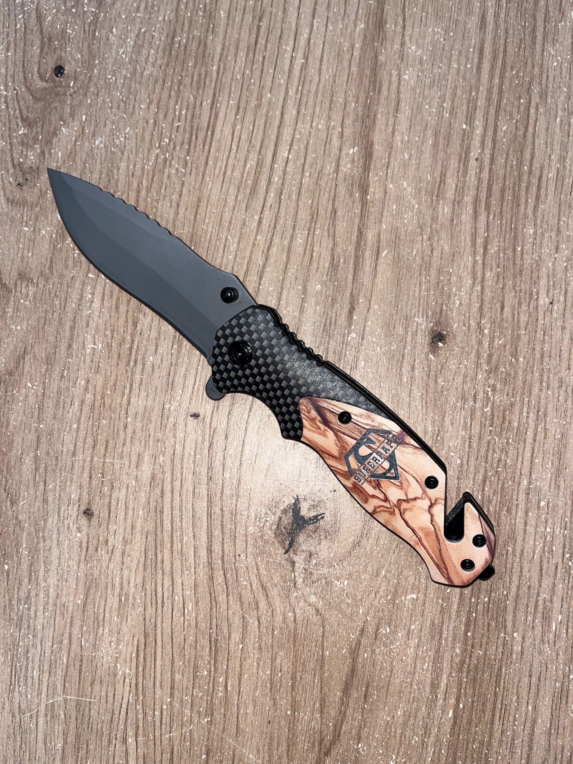 Couteau pliant tactique – Lame acier & manche effet bois - Super Papa