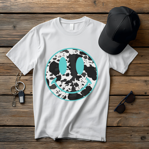 Blue Cow Print Smiley Face