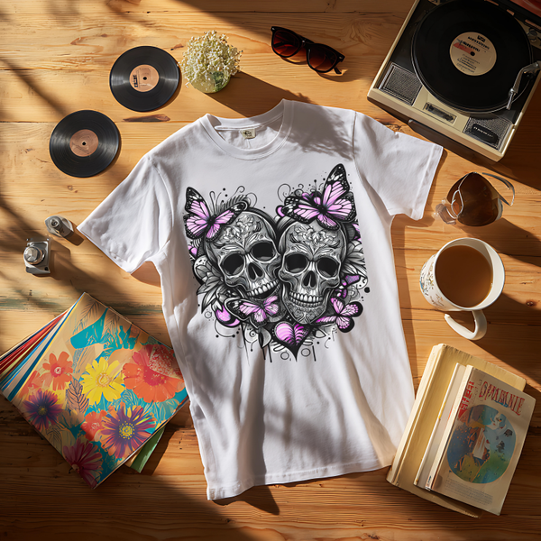 2 Skulls with Purple butterflies