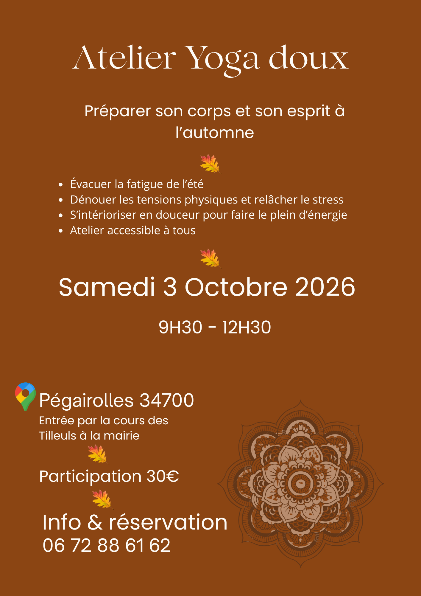 Affiche atelier yoga doux automne Pégairolles de l'escalette Vjs Sukha Yoga