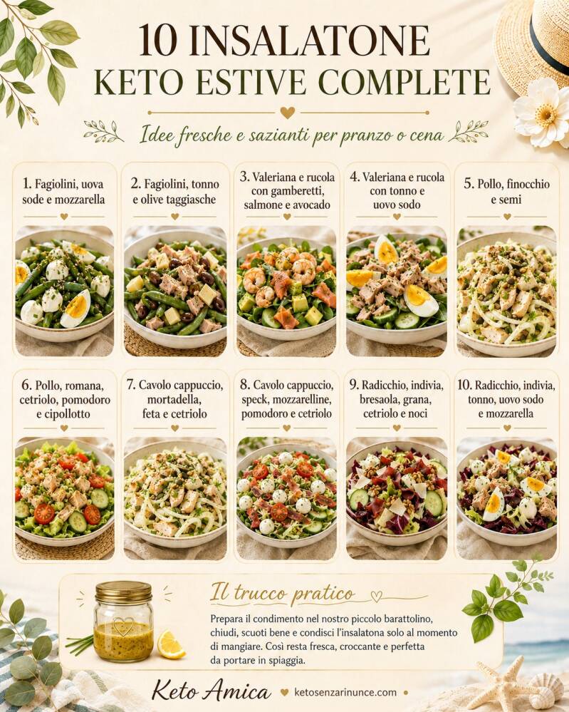 Raccolta di 10 insalatone keto estive complete, fresche e sazianti, pensate da Oxi come idee pratiche per pranzo o cena. La foto riunisce tutte le proposte della serie: fagiolini cornetti, valeriana e rucola, pollo cotto, cavolo cappuccio o cuore di bue, 
