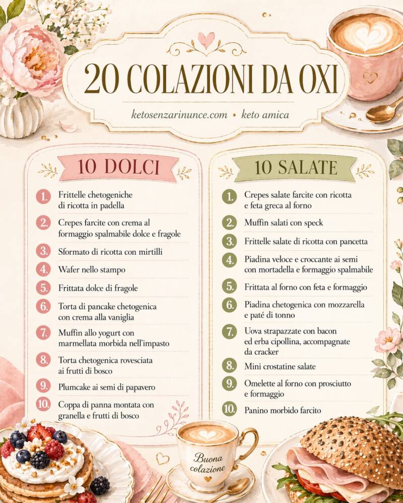 tabella con 20 colazioni chetogeniche di Oxi, 10 dolci e 10 salate
