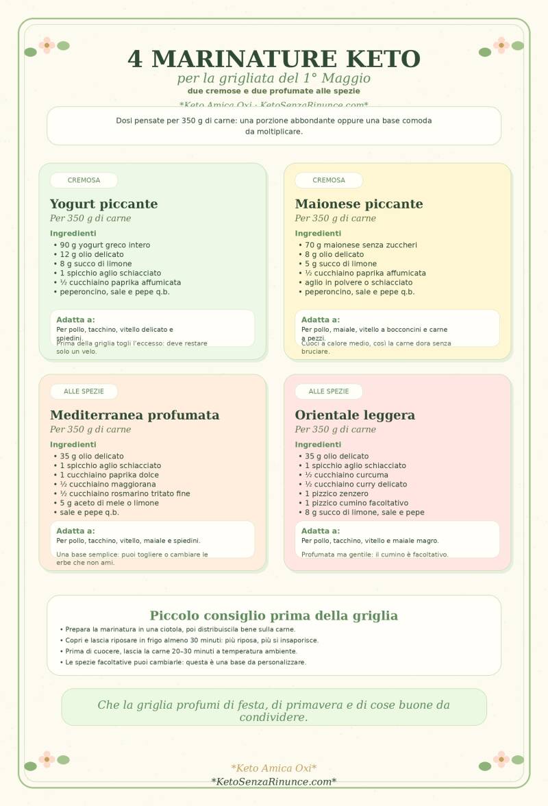 Quattro marinature chetogeniche per carne alla griglia: due cremose e due speziate, con dosi per 350 g di carne e consigli pratici dalla cucina di Keto Amica Oxi.
