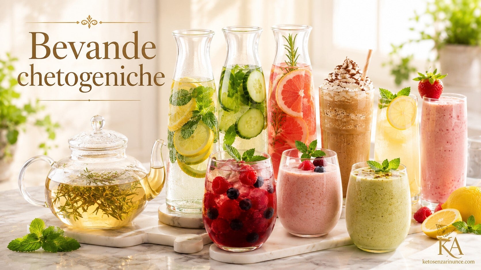 Bevande chetogeniche fresche e golose: frullati, frappè, acque aromatizzate e infusioni senza zucchero, perfette per ogni momento della giornata.