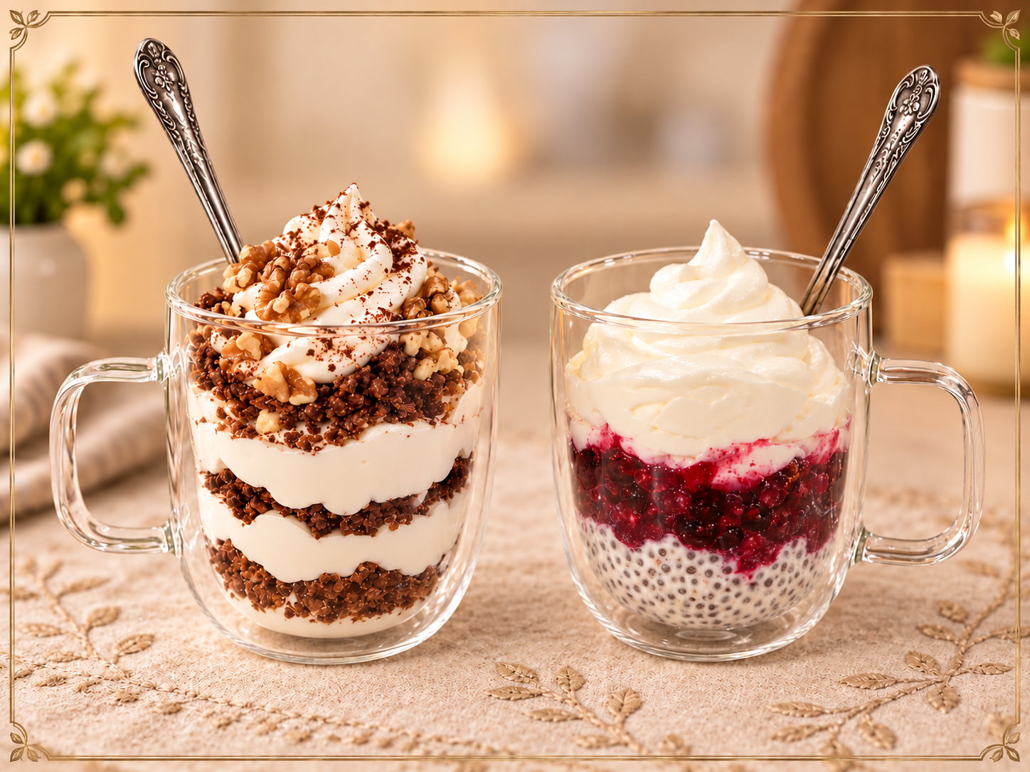 Due golosi bicchieri keto al cucchiaio preparati con semi di chia e crema di panna e yogurt greco: uno ai frutti di bosco con marmellata senza zuccheri, l’altro al gusto cappuccino con cacao, caffè espresso e noci. Un dessert chetogenico fresco, cremoso, 