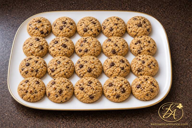 Biscotti keto semplici e golosi con nocciole e cioccolato tritato, disposti su un vassoio bianco con bordo dorato, nello sfondo blog di Keto senza rinunce.