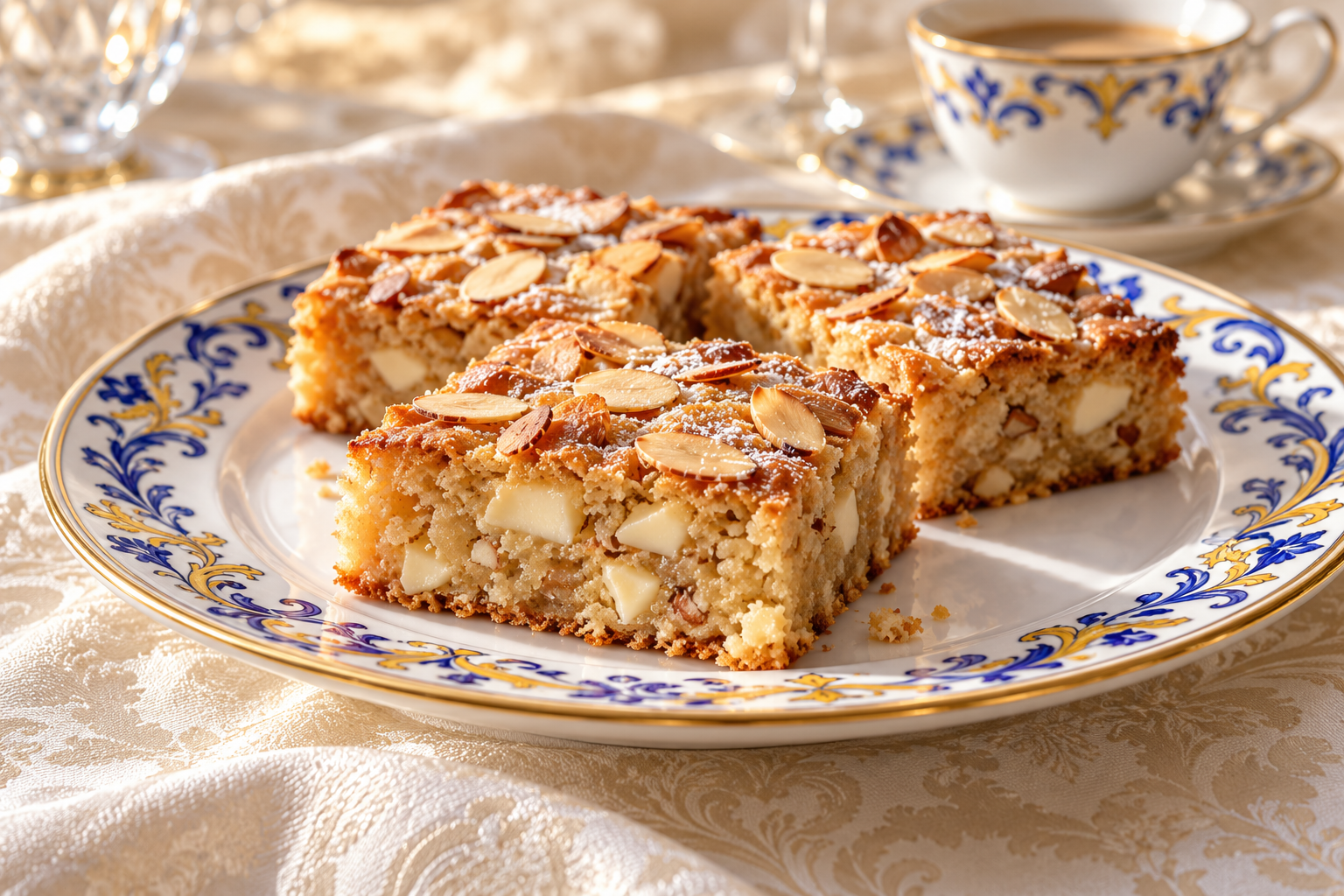Quadrotti di blondie keto alle mandorle e cioccolato bianco su un piatto decorato in stile mediterraneo, presentati su una tavola elegante