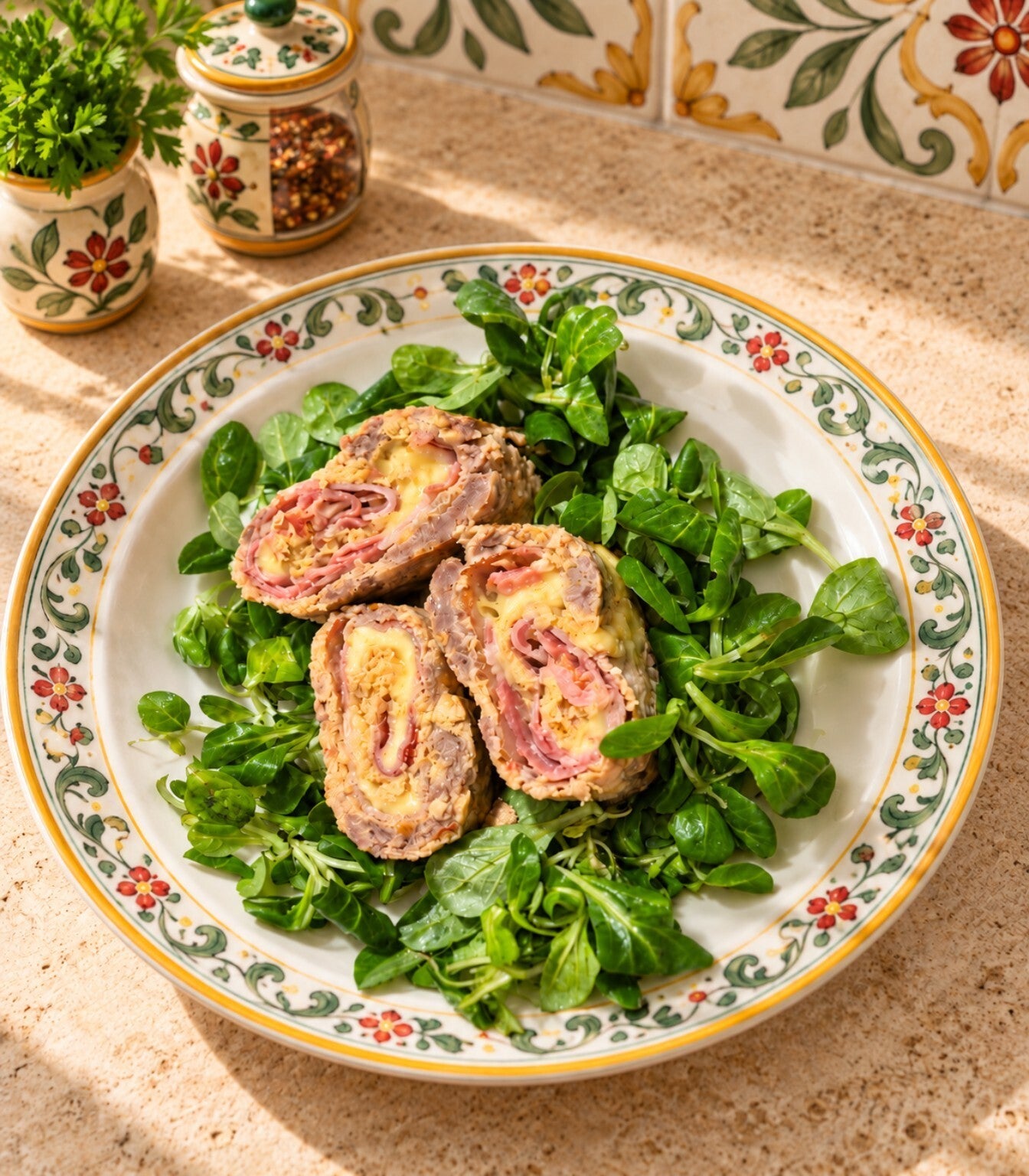Bon Roll keto di carne ripieno di bacon ed Edam, tagliato a fette e servito su un letto di valeriana fresca.