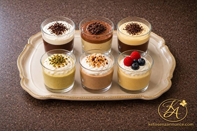 Sei budini keto freschi serviti in piccoli bicchierini su vassoio elegante color avorio con bordo dorato, con varianti al cacao, vaniglia, bicolore, pistacchio, nocciola e frutti di bosco. Immagine raffinata su sfondo marrone speckled con logo KA dorato e