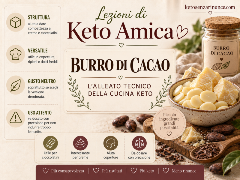 Copertina della lezione di Keto Amica Oxi dedicata al burro di cacao: ingrediente tecnico della cucina chetogenica, utile per cioccolatini, creme e coperture.
