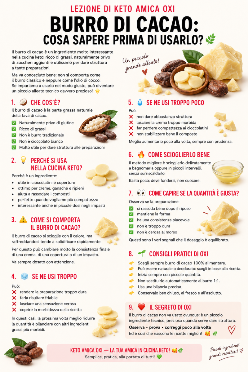 Riassunto della lezione sul burro di cacao nella cucina keto: cos’è, come si usa, come dosarlo e quali errori evitare nelle preparazioni chetogeniche. 