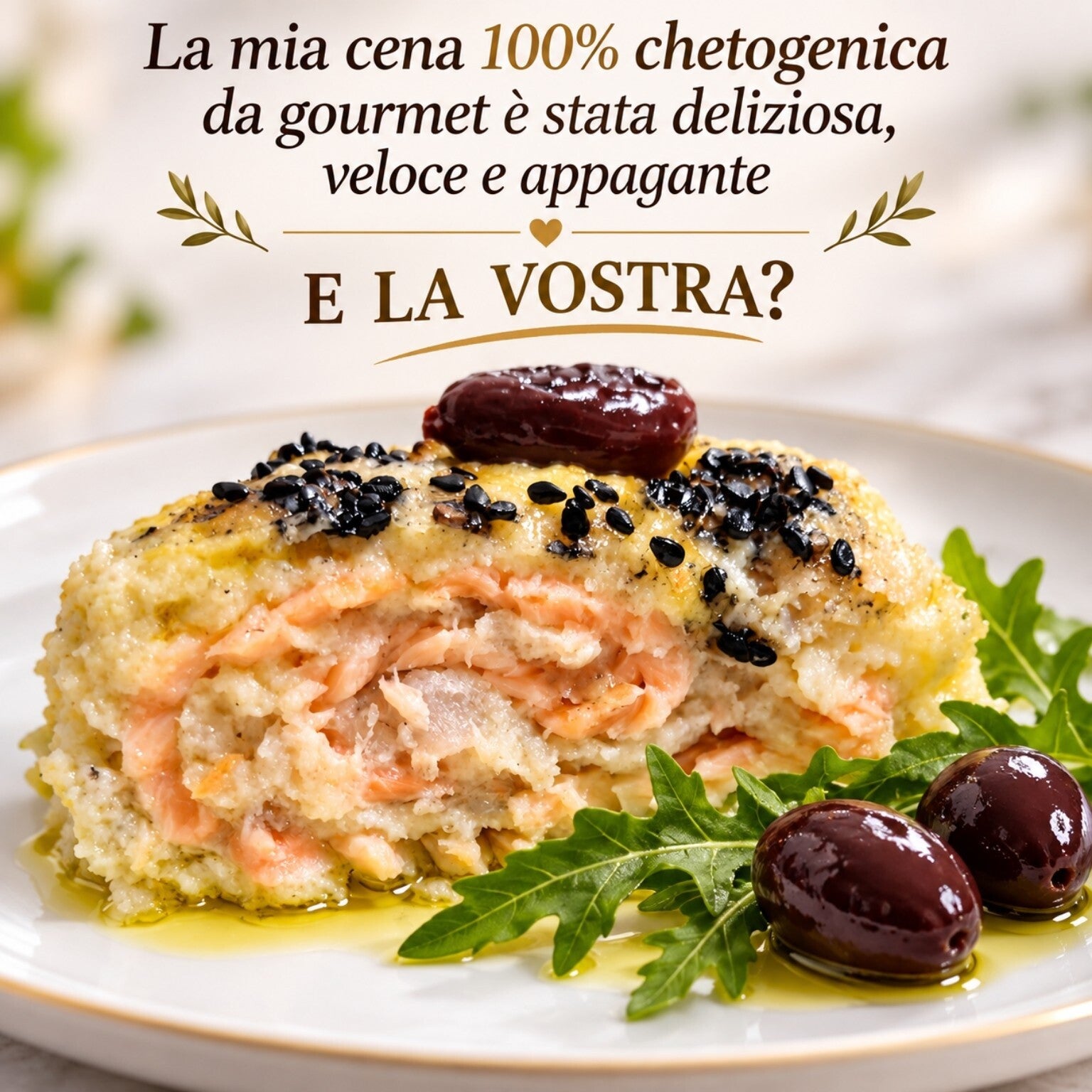 Cena 100% chetogenica con polpettone di merluzzo e salmone, sesamo nero, olive e rucola, ricetta di Keto senza rinunce.
