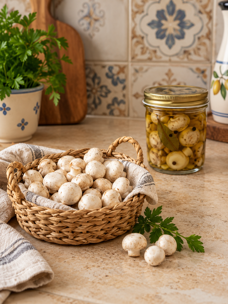Piccoli champignon bianchi freschi raccolti in un elegante cestino di vimini, accompagnati da un barattolo di funghi marinati in agrodolce keto. Ambientazione raffinata su un piano di lavoro beige, con piastrelle decorative e dettagli rustici. Immagine pe