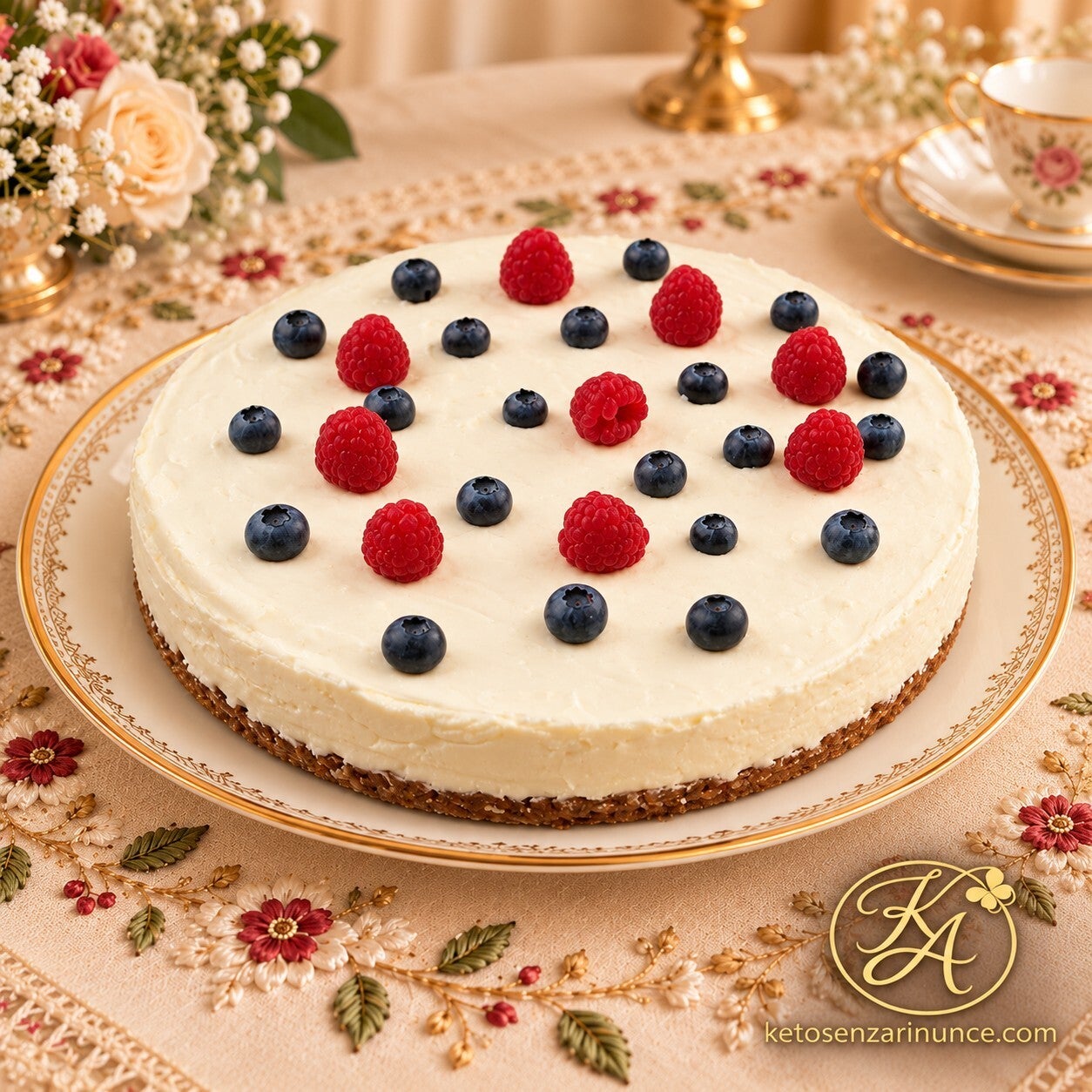 Cheesecake keto fredda senza cottura con base croccante alle noci pecan, crema al formaggio e mascarpone, decorata con lamponi e mirtilli
