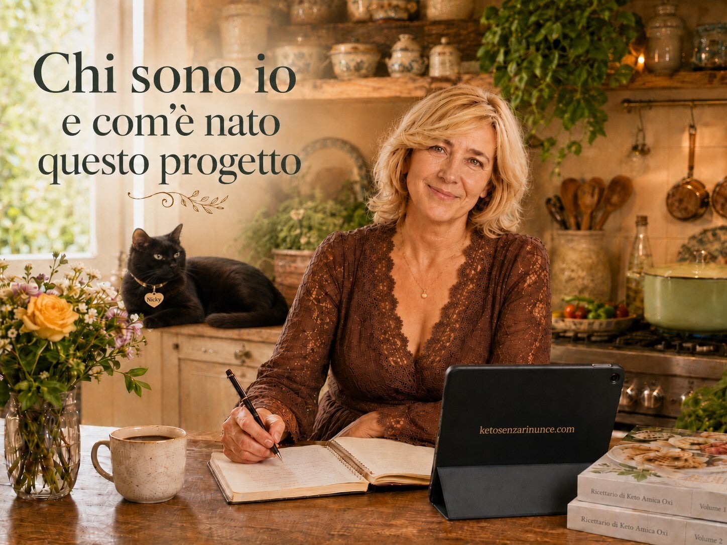 **Descrizione Webador:** Oxi nella sua cucina mentre scrive sul quaderno, accanto a una tazza di caffè, al tablet con la scritta ketosenzarinunce.com e ai suoi ricettari. Sul davanzale, rilassata e rivolta verso di lei, c’è Nicky, la gatta nera con il col