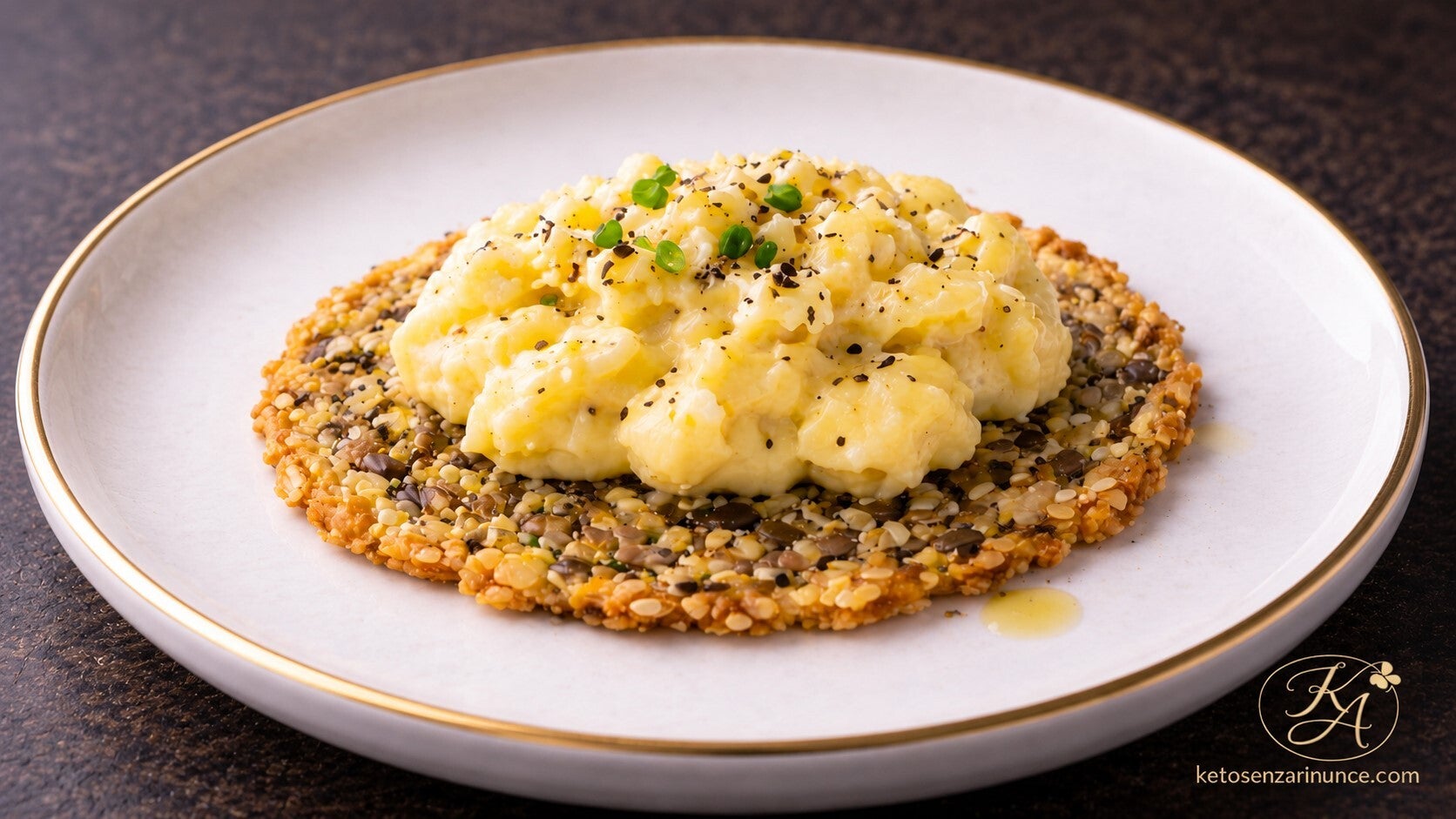 Cialda croccante di grana e semi misti servita con uova strapazzate cremose, per una colazione salata chetogenica semplice, gustosa e ricca di proteine.