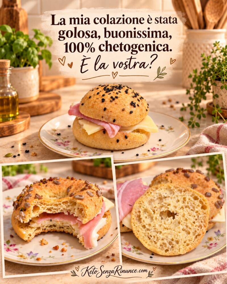 Colazione 100% chetogenica con panini e bagel morbidi fatti in casa, farciti con prosciutto e formaggio. Il collage mostra la consistenza interna soffice e ben alveolata, perfetta per una colazione salata golosa, semplice e senza rinunce.