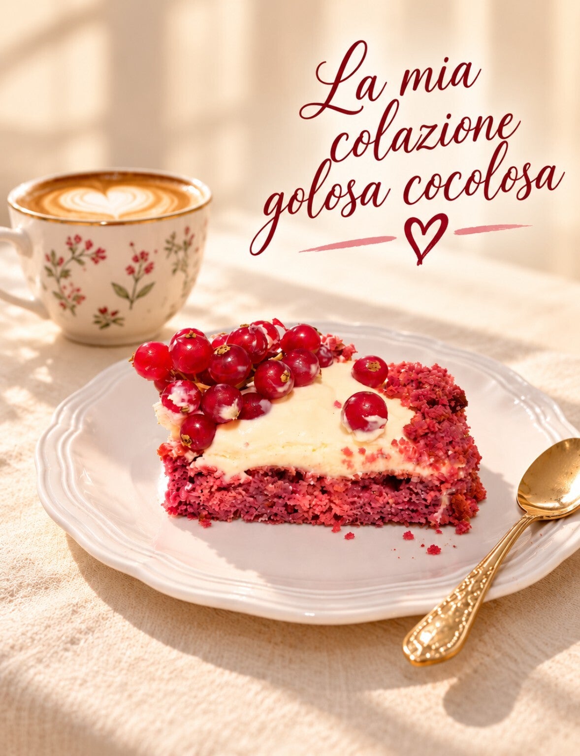 Torta chetogenica al ribes tagliata e servita con crema alla vaniglia e ribes fresco. La fetta mostra una consistenza soffice e morbida, perfetta per un dolce da festa elegante e leggero.
