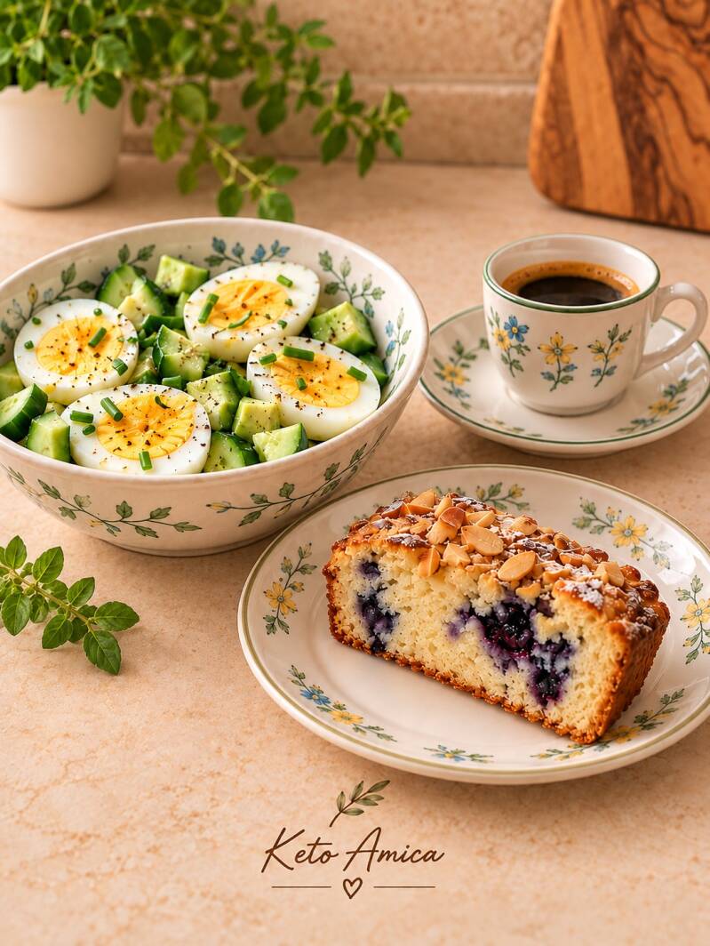 Colazione chetogenica con insalata di uova sode e cetrioli freschi, una fetta di plumcake keto ai mirtilli e mandorle e una tazzina di caffè. Idee dolci e salate per una colazione keto varia e gustosa, firmata Keto senza rinunce – Keto Amica.