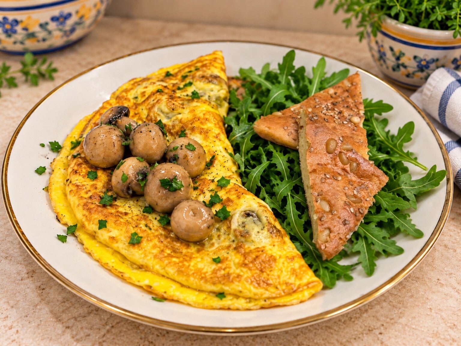 Colazione keto salata con uova, funghi marinati, rucola e focaccia al mascarpone con pinoli e sesamo. Un piatto completo, saporito e saziante, ideale per una colazione chetogenica o un brunch salato. Keto senza rinunce – Keto Amica Oxi.