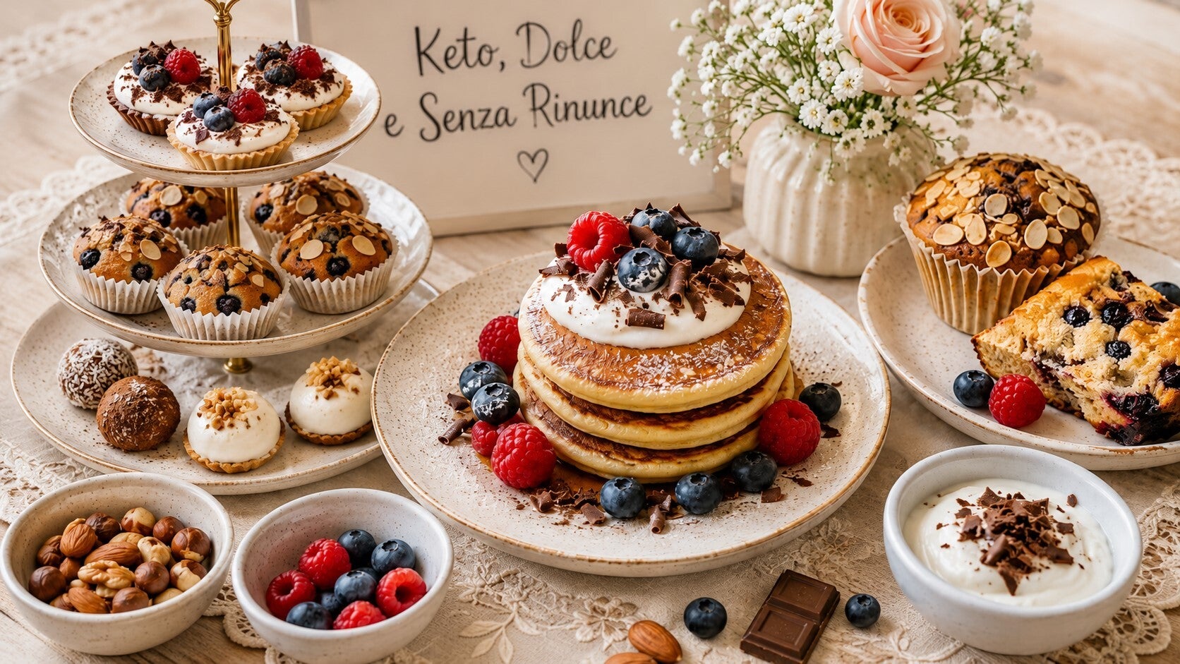Immagine della categoria Colazioni dolci chetogeniche: una proposta keto dolce e invitante, con una colazione delicata e golosa presentata in un’atmosfera luminosa, calda e accogliente.